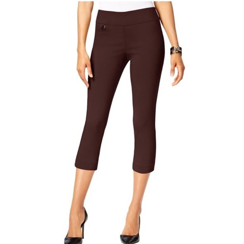 Alfani Petite Stretch Tummy Control Pull On Cropped Capri Pants, Burgundy, 10P